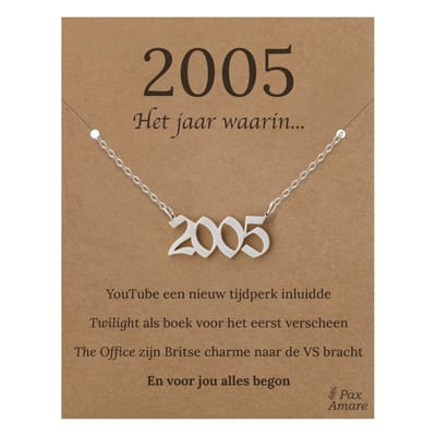 Jaartal 2005 Ketting op Cadeau Kaartje - Zilverkleurig Stainless Steel - 45cm - Met informatie over geboortejaar - Pax Amare