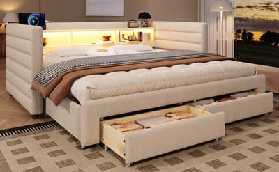 Wishdor Slaapbankbed met Uitschuifbed – 90 x 190 cm – Usb en Type-C – Led-Lichtstrip – Fluweel Beige – Met Lades en Opbergvakken – Ruimtebesparend voor Woonkamer of Logeerkamer – Stevig tot 150 kg