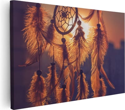 Artaza Canvas Schilderij Zonsondergang - 30x20 cm - Klein - Wanddecoratie Dromenvanger - Muurdecoratie Veren - Schilderijen Op Canvas