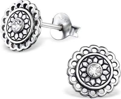 Bali oxi Zilver oorsteker met kristal steentje | Bali Round Crystal Ear Studs voor dames | 8mm | Zilverana | Sterling 925 Silver (Echt zilver) | zilveren oorbellen dames