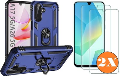 Hoesje Geschikt voor Samsung Galaxy A17 5G / A26 5G Hoesje Blauw Anti-Shock Hybrid Armor hoesje Met Draaibare Ring Houder - Samsung A17 Screenprotector 2 pack