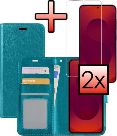 Hoesje - Met 2x Screenprotector - Geschikt voor Samsung Galaxy S25 - Luxe Pasjeshouder - Bookcase Portemonee - Flip Case - Kunstleer Book Case - Flipcase Hoes - Book Cover - Walletcase - Portemonneehoes - Turquoise