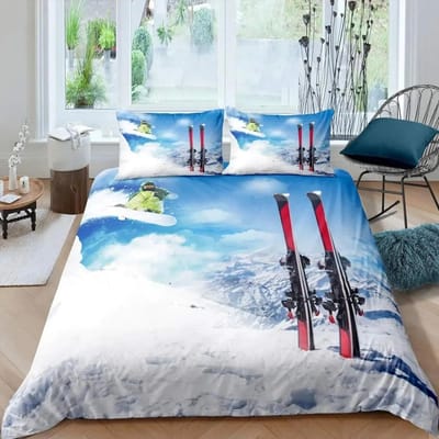 Ski Sport Dekbedovertrek Set Volledige Maat Wintersport Skiën Beddengoed Sets Sneeuwberg Landschap Dekbedovertrek voor Jongens Meisjes EU Single(135*200cm)3pcs