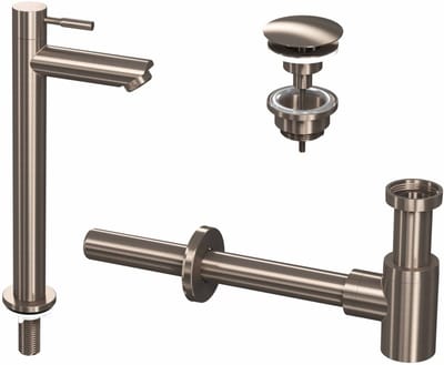 Saqu Stream fonteinkraan hoog incl. afvoerplug en sifon brushed nickel