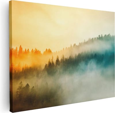 Artaza Canvas Schilderij Mistig Bos - 40x30 cm - Klein - Wanddecoratie Natuur - Muurdecoratie Zonsopgang - Schilderijen Op Canvas
