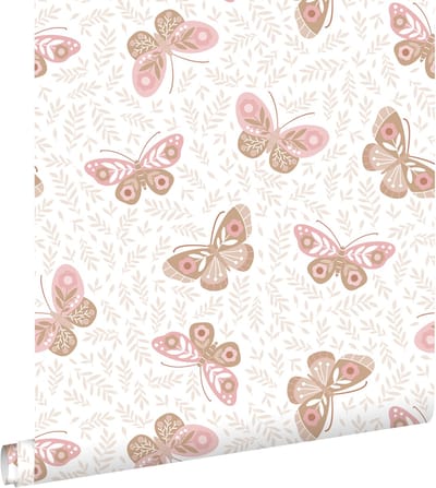 ESTAhome behang vlinders wit, bruin en roze - 50 x 900 cm - 131890