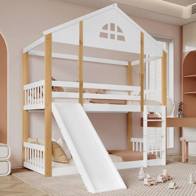 MEUNIQ stapelbed 90x200 cm met glijbaan, 3-treden trap, uitvalbeveiliging en huisbed met raam, kinderbed voor kinderkamer, wit en naturel