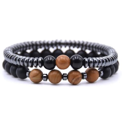 Sorprese Armband - Prime - Bruin Hout - 2-Delig - Kralen - Armband Heren - RVS - Cadeau - Model U