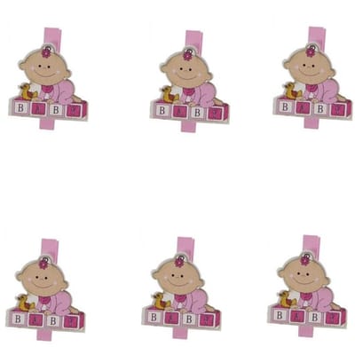 Mini houten knijpers baby roze - Geboorte Babyshower foto kaart knijpers - 6 stuks