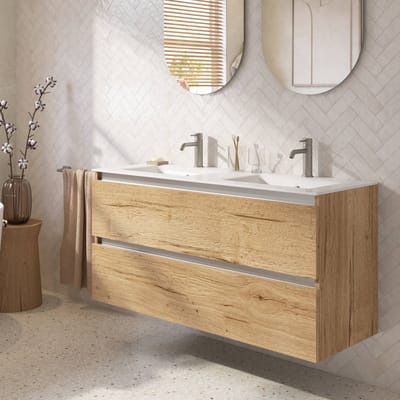 Saqu Gaia badmeubel incl. dubbele glans witte keramische wastafel 120x46x61cm eiken marcato – aluminium greeplijst