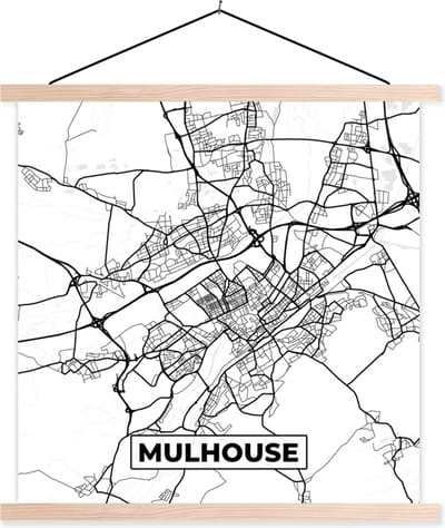 Posterhanger incl. Poster 40x40 cm - Schoolplaat - Kaart - Plattegrond - Frankrijk - Mulhouse - Stadskaart - Zwart wit - Textielposter - Blanke latten - Stadskaart