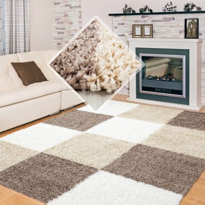 Muratap Basic shaggy geblokt vloerkleed bruin / beige hoogpolig- 80x250 cm