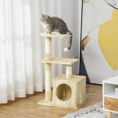 PawHut Krabpaal met sisal krabpaal met kattenspeelgoed pluche beige, hoogte 80 cm D30-285