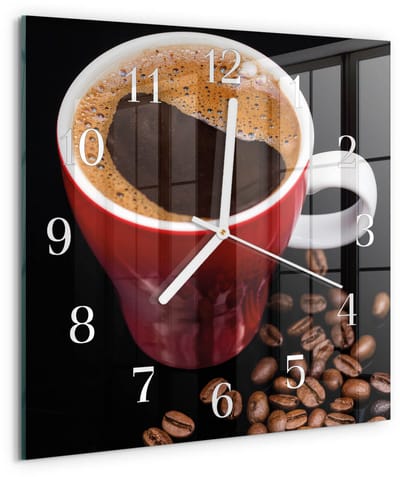 Tulup Wandklok - Kopje koffie Glazen Klok Met Print - 30x30 cm - Bruin Moderne Glazen Wandklok - Witte Handen - Vierkante Wandklok - Klok Glas Met Opdruk - Moderne Wandklok Glas