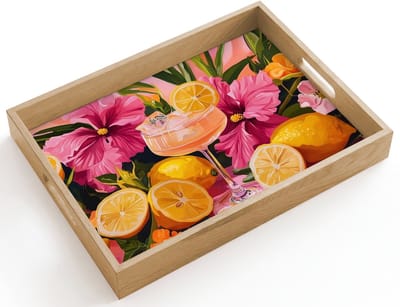 Dienblad hout 40x30 cm - Schootdienblad - Drink - Bloemen - Yellow - Borrelplank rechthoek - Plateau dienbladen