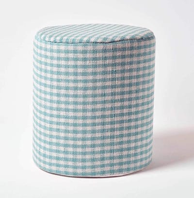 Homescapes Vichy ruit poef rond – blauw en wit krukje, 40x42 cm