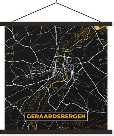 Posterhanger incl. Poster 60x60 cm - Schoolplaat - Goud - Stadskaart - Geraardsbergen - Plattegrond - Kaart - Textielposter - Zwarte latten - Stadskaart