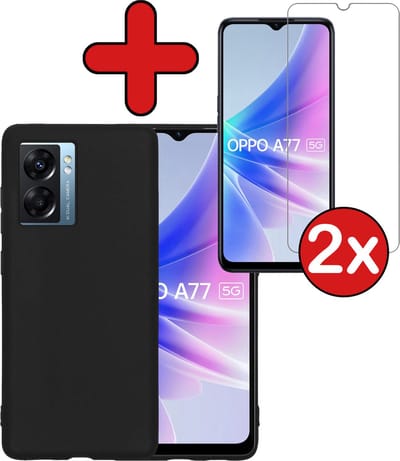 Hoesje - Met 2x Screenprotector - Geschikt voor OPPO A77 - Sterk & Shockproof - Telefoon Hoes - Back Cover - Siliconen Case - Telefoonhoes - Zwart