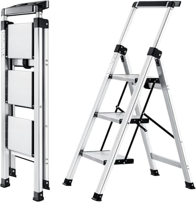 Trapladder met leuning - Vouwladder huishoudtrap - Klusjes in huis - Met gereedschapsbak - 3 treden - Zilver