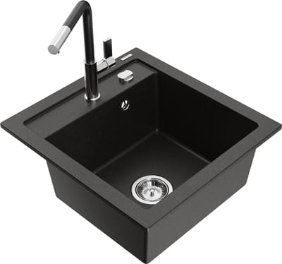 Mexen Vito granieten spoelbak met 1 bak met keukenkraan Flora, zwart/goud metallic - 6503-75-670401-07