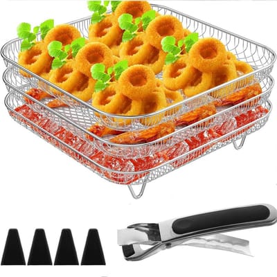 Airfryer Rack Set - Grill Dehydrator - Bakken Koken - 3-laags Stapelbaar - 20 x 20 cm - Zilver