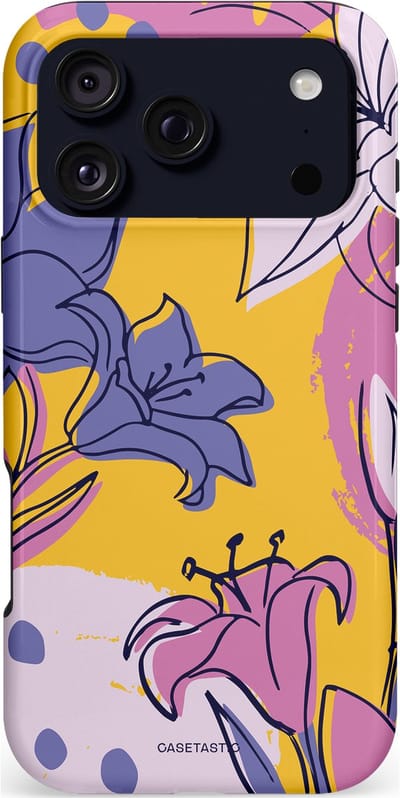 Casetastic hoesje geschikt voor Apple iPhone 17 Pro Max - MagSafe - Dubbellaagse bescherming - Paarse Lelie Kunst - Fashion Case - Lila Goud Lichtgrijs