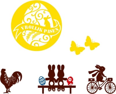 Raamsticker set herbruikbaar vrolijk pasen met kip, vlinders, konijnen op bankje / fiets eieren | Rosami Decoratiestickers