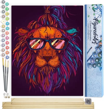 Figured'Art Schilderen op Nummer Volwassenen canvas Leeuw met zonnebril - Handwerk acrylverf Kit DIY Compleet - 40x50cm met DIY houten lijst
