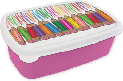 Broodtrommel Roze - Lunchbox - Brooddoos - Kleurpotlood - Patronen - Regenboog - 18x12x6 cm - Kinderen - Meisje