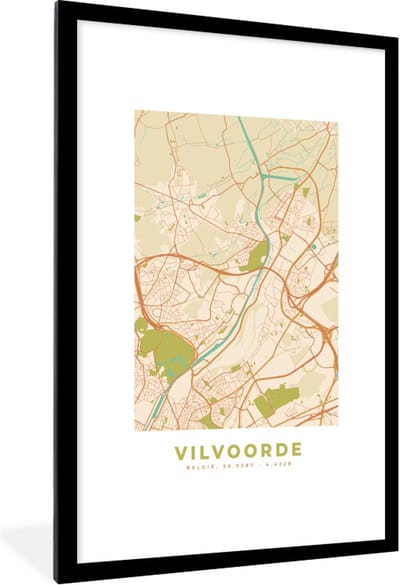 Fotolijst incl. Poster - Plattegrond - Stadskaart - Vintage - Vilvoorde - Kaart - 80x120 cm - Posterlijst