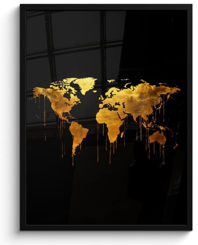 Poster in lijst - Fotolijst 60x80 cm - Posters - Wereldkaart - Goud - Druipen - Zwart - Posterlijst zwart - Decoratie - Wanddecoratie woonkamer - Muurdecoratie slaapkamer