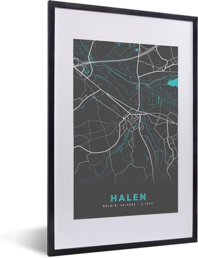 Fotolijst incl. Poster - Stadskaart – Grijs - Kaart – Halen – België – Plattegrond - 40x60 cm - Posterlijst