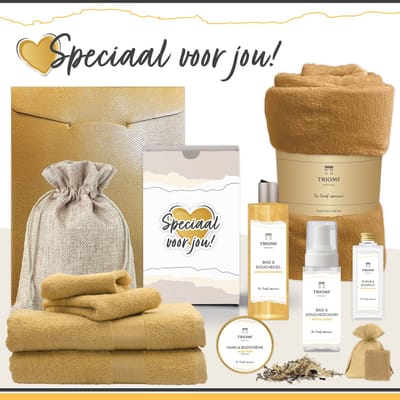 Geschenkset “Speciaal voor jou!” - 11 producten - 1660 gram | Triomf Original - Giftset voor haar Cadeau Valentijnsdag Luxe wellness cadeaubox Vrouw Ik hou van jou Cadeaupakket Kerst Geschenk Moeder Verjaardag Gift Set Valentijn Vriendin Geel