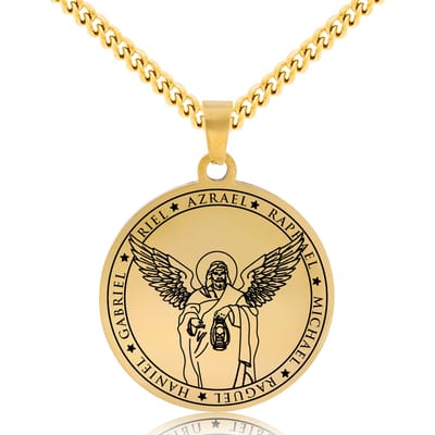 Beschermengel Azraël Ketting Goudkleurig - Aartsengel Talisman / Medalion - Stainless Steel Engelen Hanger - 60cm