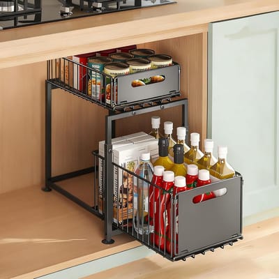 In hoogte verstelbare gootsteenkast-organizerset met uittrekbare laden, antislip en robuuste metalen opbergruimte voor keuken, badkamer en voorraadkamer - ideaal voor efficiënte opslag en organisatie