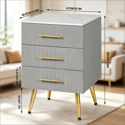 REDOM - Nachtkastje met 3 lades - Fluwelen bekleding en MDF met marmerfolie - Metalen poten en stille ladegeleiders - Moderne stijl - Slaapkamer - Grijs - 40,5 x 41 x 62 cm