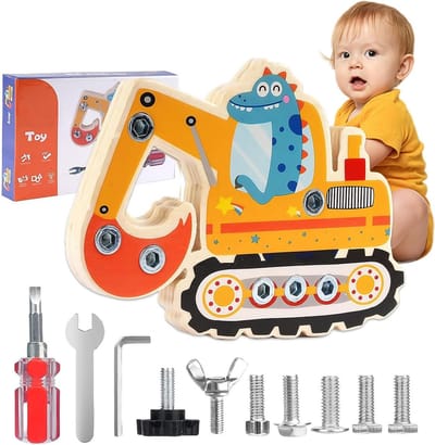 Houten Montessori Schroefplank met Graafmachine – Motorisch Speelgoed Vanaf 3 Jaar