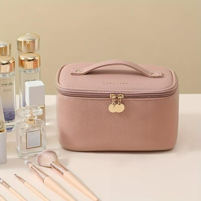 Trousse de Maquillage Portable avec Compartiments pour Organiser les Articles de Toilette, Parfaite pour les Voyages rose