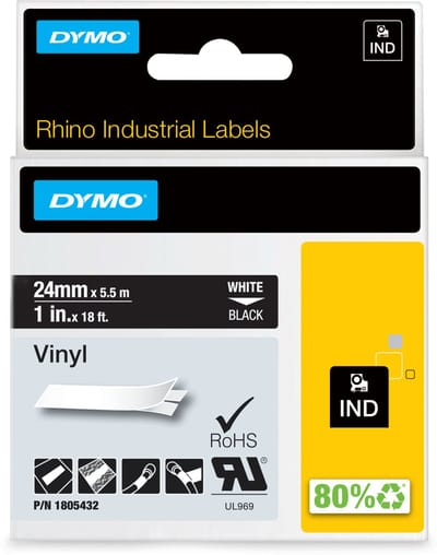 DYMO Rhino industriële Vinyl Labels | 24 mm x 5,5 m | witte afdruk op zwart | zelfklevende labels voor Rhino & LabelManager labelprinters