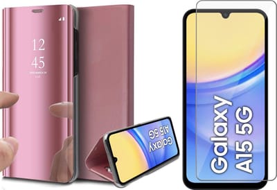 Hoesje geschikt voor Samsung Galaxy A15 - Screenprotector Glas - Spiegel Book Case Rosegoud