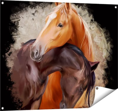 Gards Tuinposter Twee Getekende Knuffelende Paarden - Abstract - 100x80 cm - Tuindoek - Tuindecoratie - Wanddecoratie buiten - Tuinschilderij