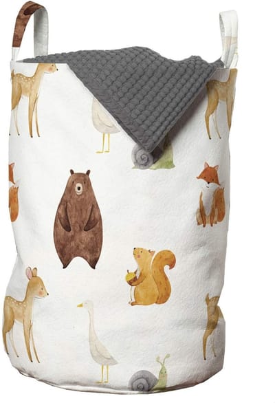 Dailygoods- Dieren Waszak Duurzaam - Wasmand met Deksel - Handgrepen - Koordsluiting - 33 cm Breed x 49 cm Hoog - Meerkleurig Bruin