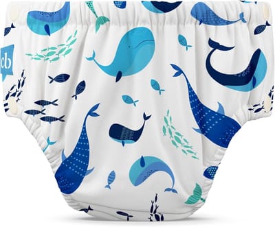 Charlie Banana Reusable swim diaper, Machine washable, snap buttons for easy changing, soft and snug to avoid accidents in the water - Whale on White - M - 7-13 kg