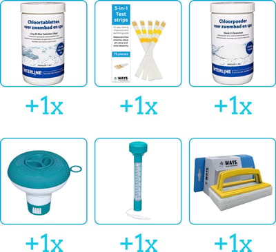 Zwembad Onderhoudspakket - Onderhoud Zwembad - bevat Chloor - Testrips - Chloor - Chloordrijver - Thermometer en Scrubborstel (6-delig)