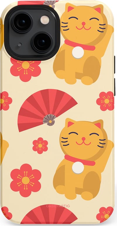 Casetastic hoesje geschikt voor Apple iPhone 13 mini - MagSafe - Dubbellaagse bescherming - Japanse Poezenvreugde - Lucky Cats - Fashion Case - Crème Koraal Goud