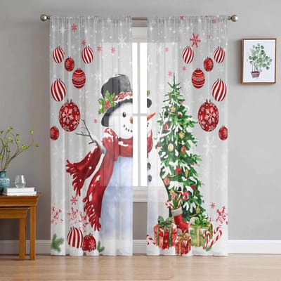 Kerst Sneeuwpop Dennetak Transparante Gordijnen voor Woonkamer Decoratie Raamgordijnen Keuken Tule Voile Gordijnen W135 x H115cm x1 white