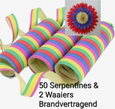 50 stuks: Brandvertragende serpentines in 5 kleuren & 2 Waaiers brandvertragend/ Brandveilig, Carnaval, Themafeest, Papier