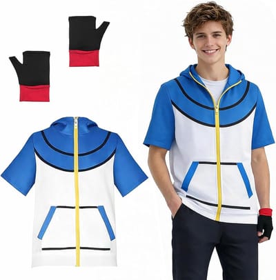 Unisex Anime Cosplay Kostuumset met Lichtblauwe en Witte Hoodie, Handschoenen en Ademend Polyester voor Volwassenen, Ideaal voor Conventies, Carnavals en Themapartijen