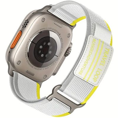 Stravo Trail Loop Sportbandje – Zachte Nylon Horlogeband met Klittenband – Geschikt voor Apple Watch 42mm (Series 11/10), 41mm (Series 9/8/7), 40mm (Series 6/5/4, SE 1/2/3), 38mm (Series 3/2/1) – Geel/Grijs