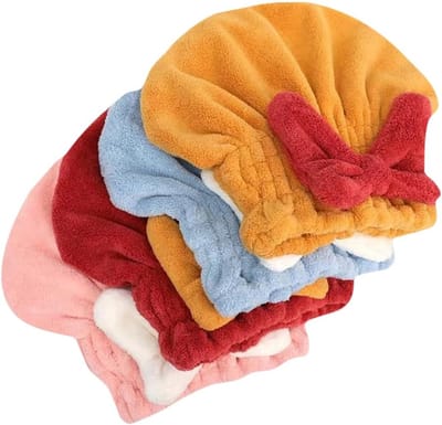 Set van 4 haarhanddoeken - Superabsorberende haarhanddoeken - Leuke microvezel haardroogkapjes - Met strik - Geschikt voor gebruik na het wassen van je haar